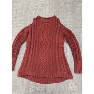 Boston Proper Rust Red Cable Knit Cold‎ Shoulder Cotton Sweater Top Sz Small